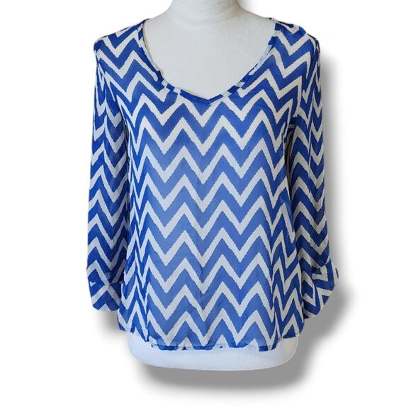 Sheer Zig Zag Roll Tab Blouse from Grass Collection - Picture 1 of 4